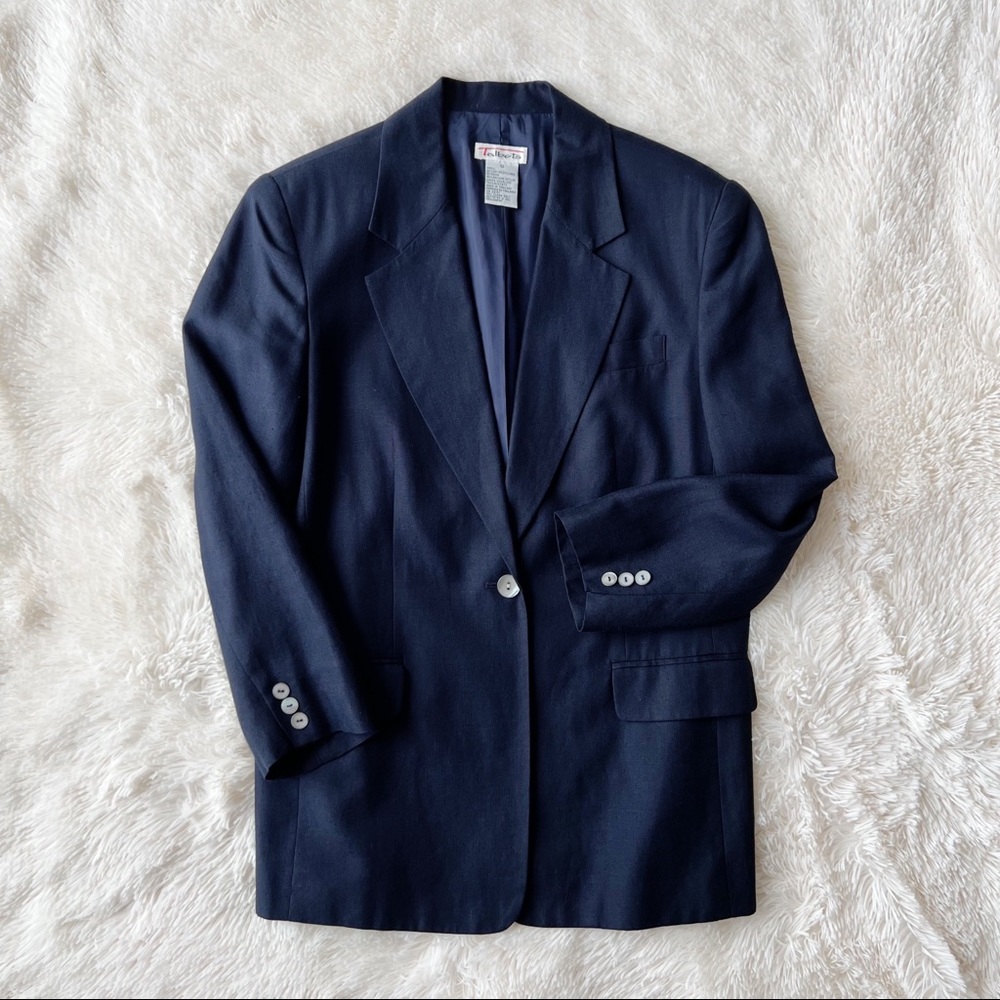 Talbots navy blue linen blend longline blazer single button not h collar Sz 12